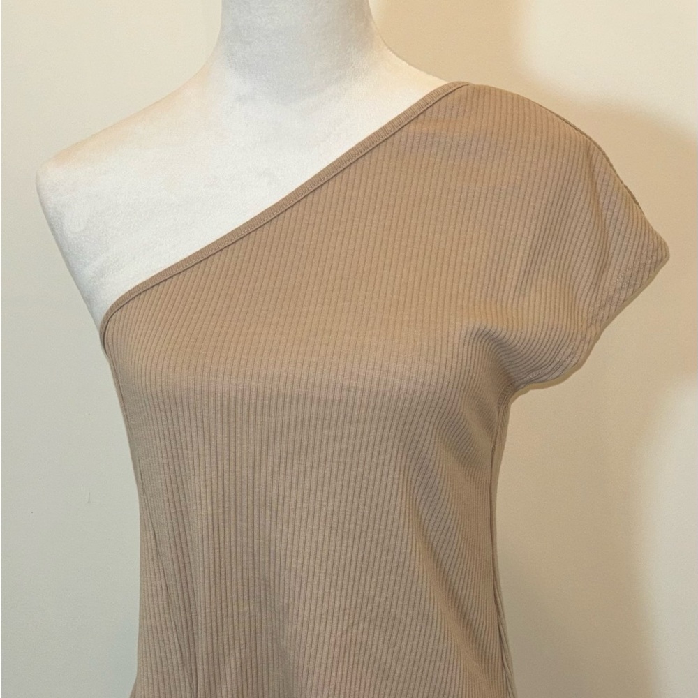 Terea Beige One Shoulder Ribbed Tie Front Top Size S - Picture 2 of 9